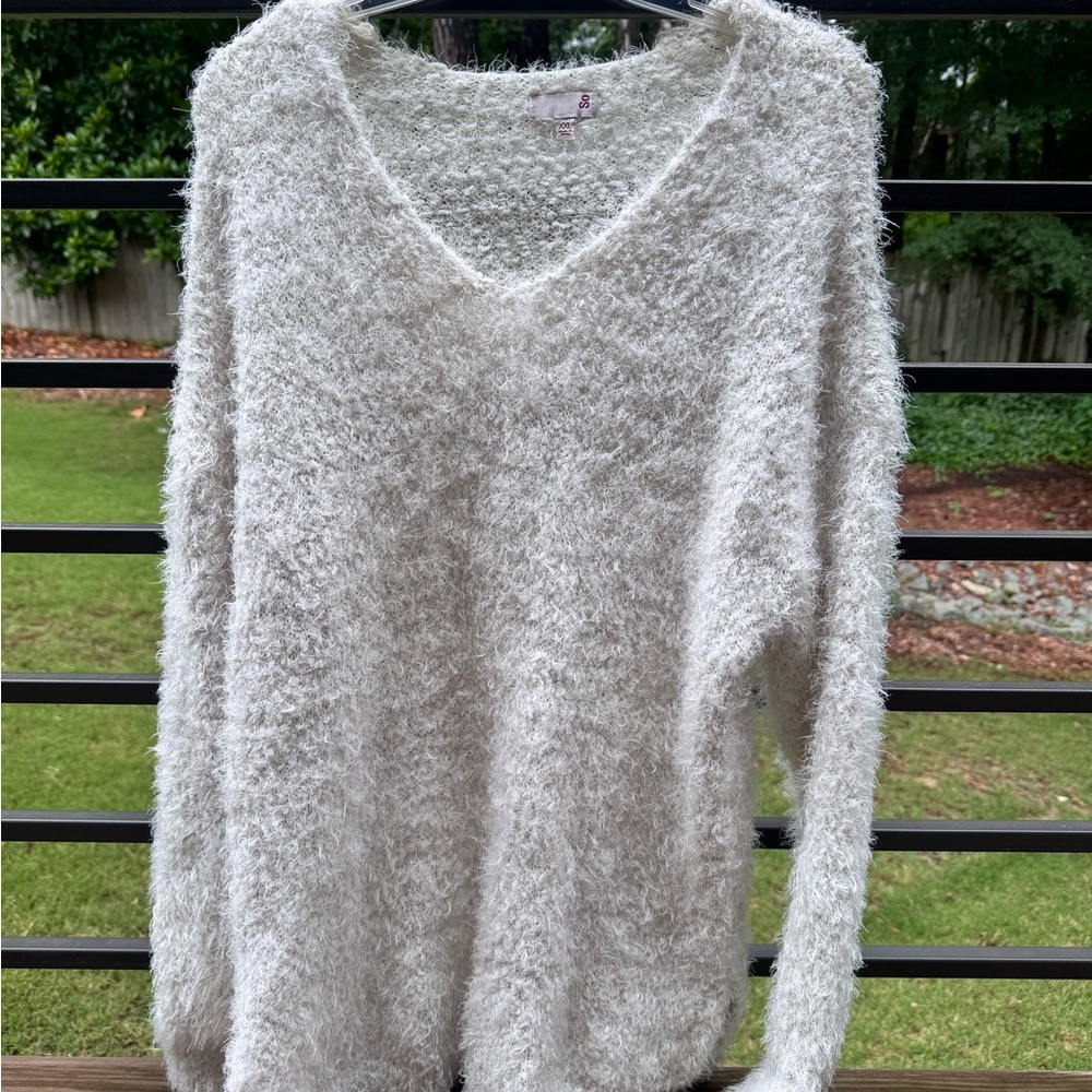 SO White V-Neck Sweater Plush Knit
